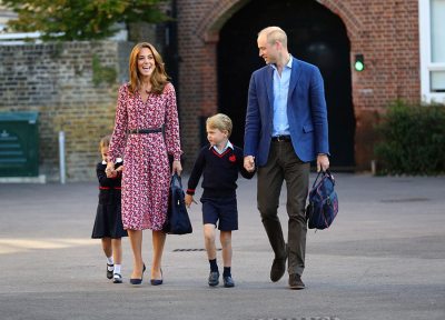 Britain's Princess Charlotte, left, with her brother Prince George and their parents Prince William and Kate, Duchess of Cambridge, arrives for her first day of school at Thomas's Battersea in London, Thursday Sept. 5, 2019. (Aaron Chown/Pool via AP)
