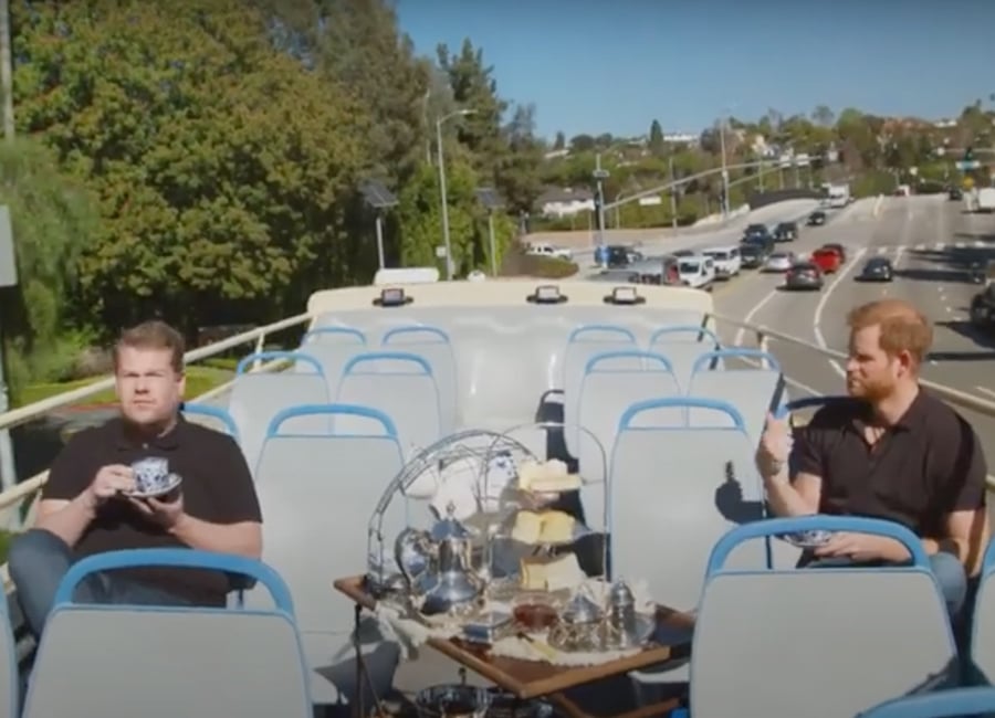 Prince Harry and James Corden enjoy afternoon tea on open-top bus