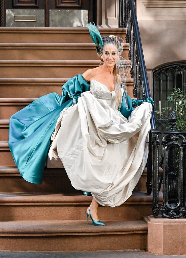 Sarah Jessica Parker is seen on the street a wedding dress filming scenes for And Just Like That