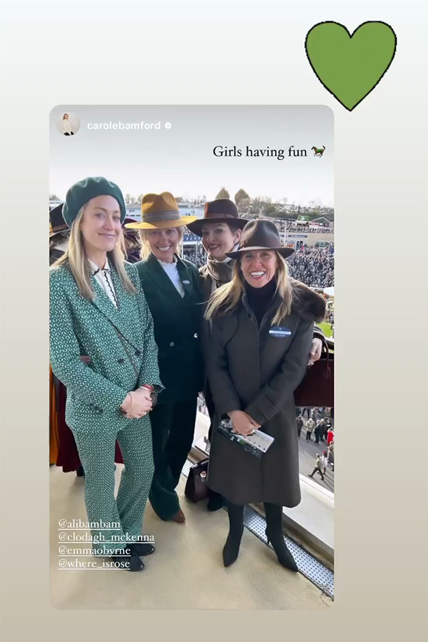 Clodagh McKenna at Cheltenham with Carole Bamford