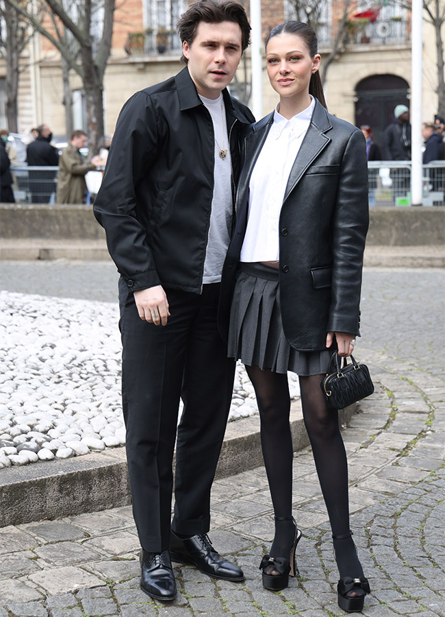 Miu Miu show Arrivals, Autumn Winter 2023 Paris Fashion Week France Brooklyn Beckham Nicola Peltz