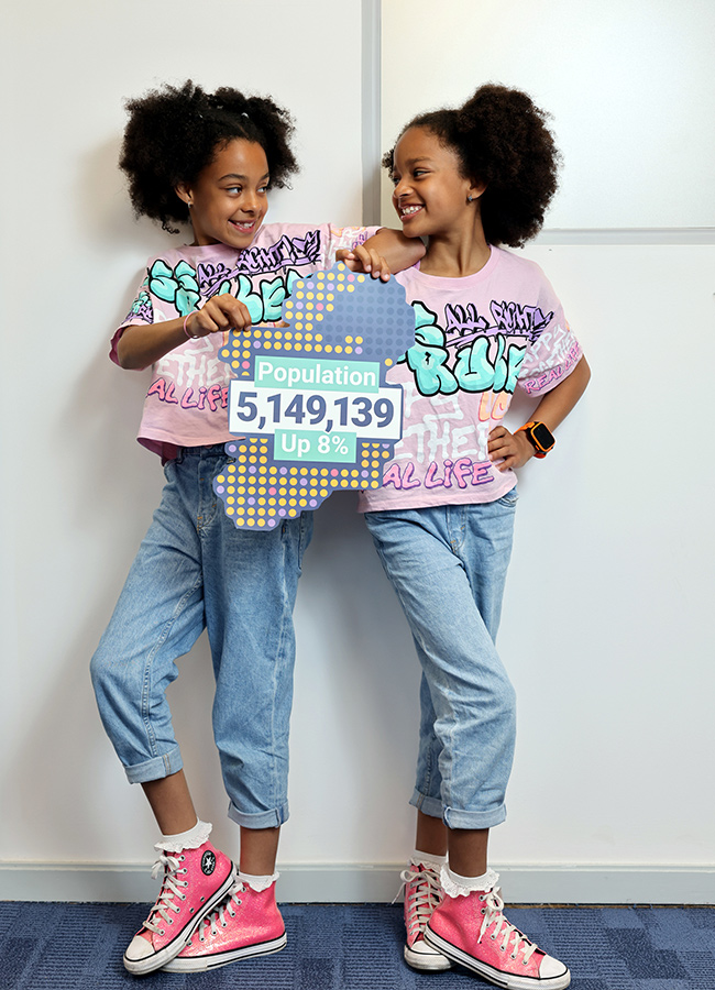 9 year old twins Mya and Zara Akinsowon at the publcation of the Census 2022 Summary Results