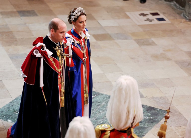 Prince William, Prince of Wales and Catherine, Princess of Wales arrive for the Coronation of King Charles III and Queen Camilla