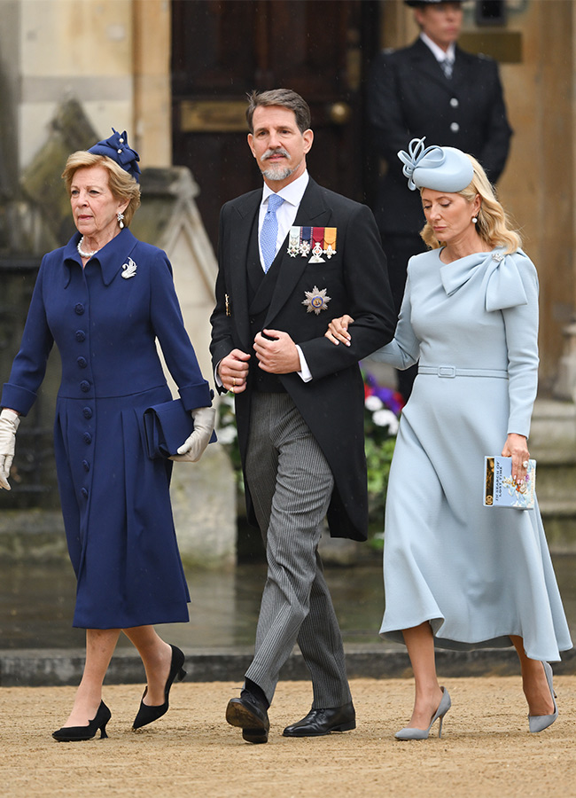 Queen Anne-Marie, Pavlos, Crown Prince of Greece and Marie-Chantal, Crown Princess of Greece arrive at Westminster Abbey for the Coronation of King Charles III and Queen Camilla