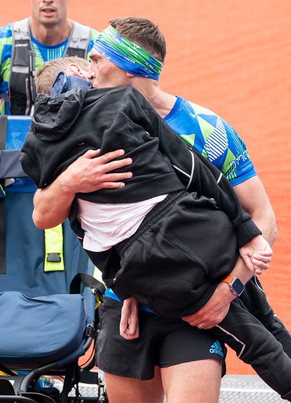 Rob Burrow and Kevin Sinfield at the start of the 2023 Rob Burrow Leeds Marathon starting and finishing at Headingley Stadium, Leeds