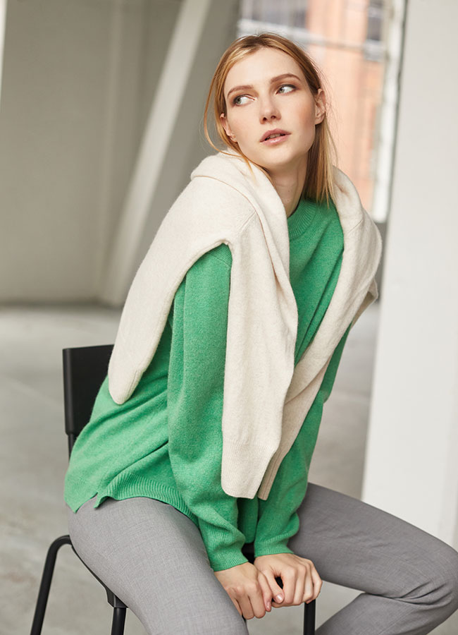 Carolyn Donnelly The Edit Cashmere Blend Crew Sweater paired with the Grey Cropped Trousers, €90, €60 Dunnes Stores