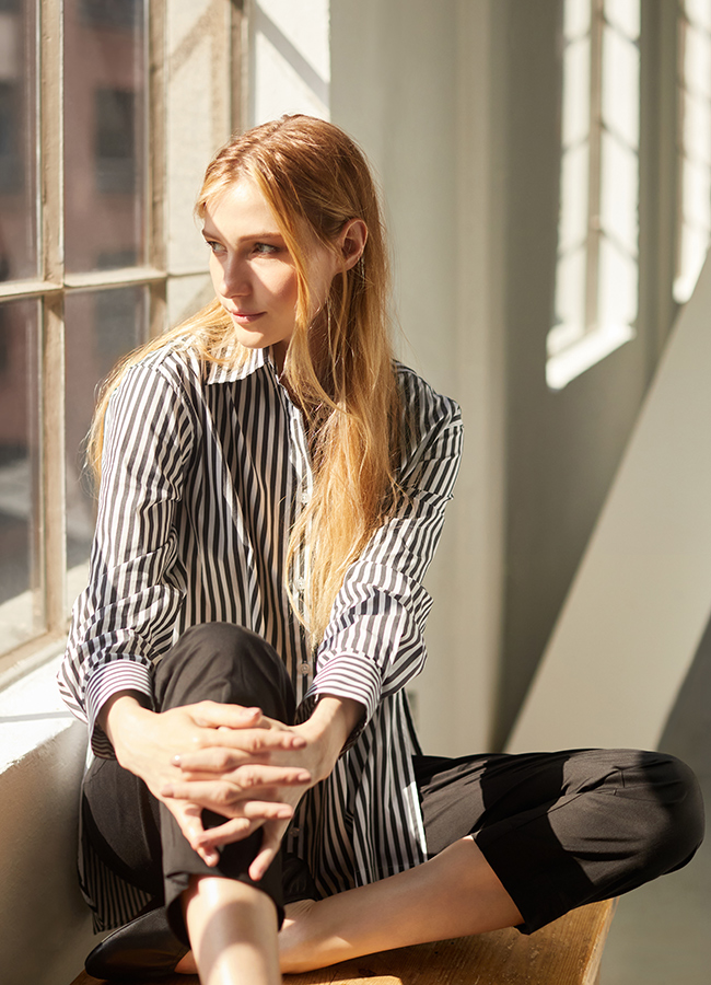 Carolyn Donnelly The Edit Stripe Shirt worn with black kick flare trousers, €60, €50 Dunnes Stores