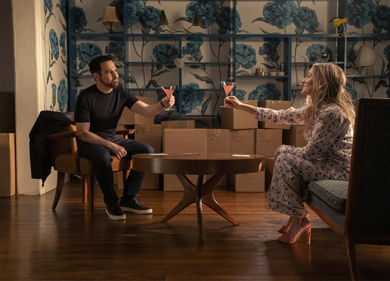 Mario Cantone as Anthony Marentino and Sarah Jessica Parker as Carrie Bradshaw in And Just Like That. Pic: Sky