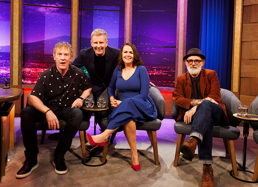 Host Patrick Kielty pictured with Hector Ó hEochagáin, Laurita Blewitt and Tommy Tiernan on the 61st series return of The Late Late Show, 15th September 2023