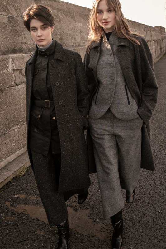 Shauna overcoat €590, Enya €360 in Molloy grey herringbone, Black wax , Shauna overcoat in grey herringbone €590, Nicole jacket in grey check €335. Pic: Jack Murphy