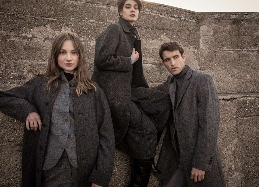 Shauna overcoat in grey herringbone, €590, Nicole jacket in grey check, €335, Shauna overcoat, €360, Enya in Molloy grey herringbone, €360 and Owen in charcoal herringbone, €400. Pic: Jack Murphy