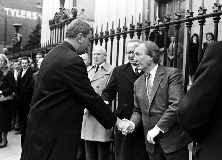 Businessman Ben Dunne of Dunnes Stores shakes hands with Fianna Fail Leader Charles Haughey. Pic: Eamonn Farrell/Photocall Ireland