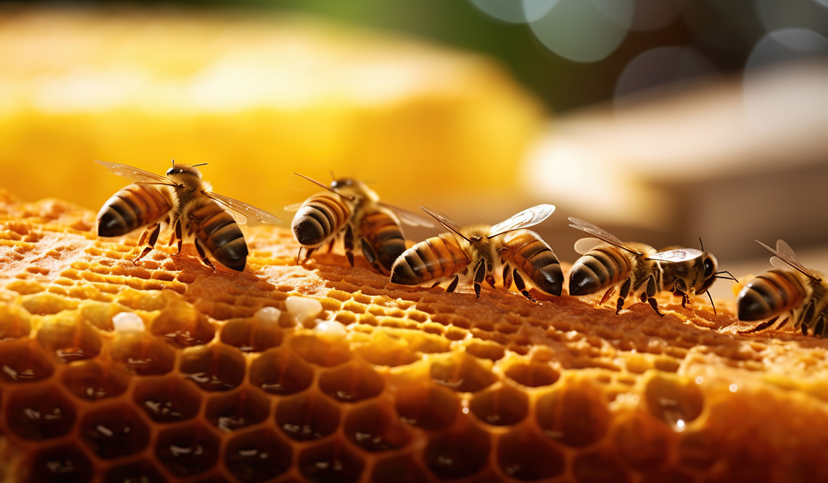 Close-up of bees on honeycomb