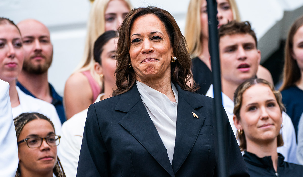 Vice President Kamala Harris during an event with NCAA college athletes on the South Lawn of the White House in Washington, Monday, July 22, 2024