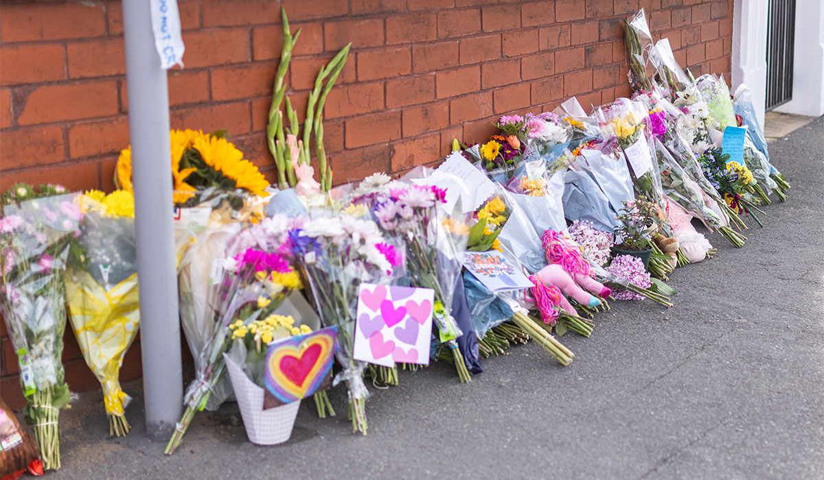 Floral tributes near the scene in Hart Street, Southport, where two children died and nine were injured in a 'ferocious' knife attack during a Taylor Swift event at a dance school on Monday. Pic: James Speakman/PA Wire