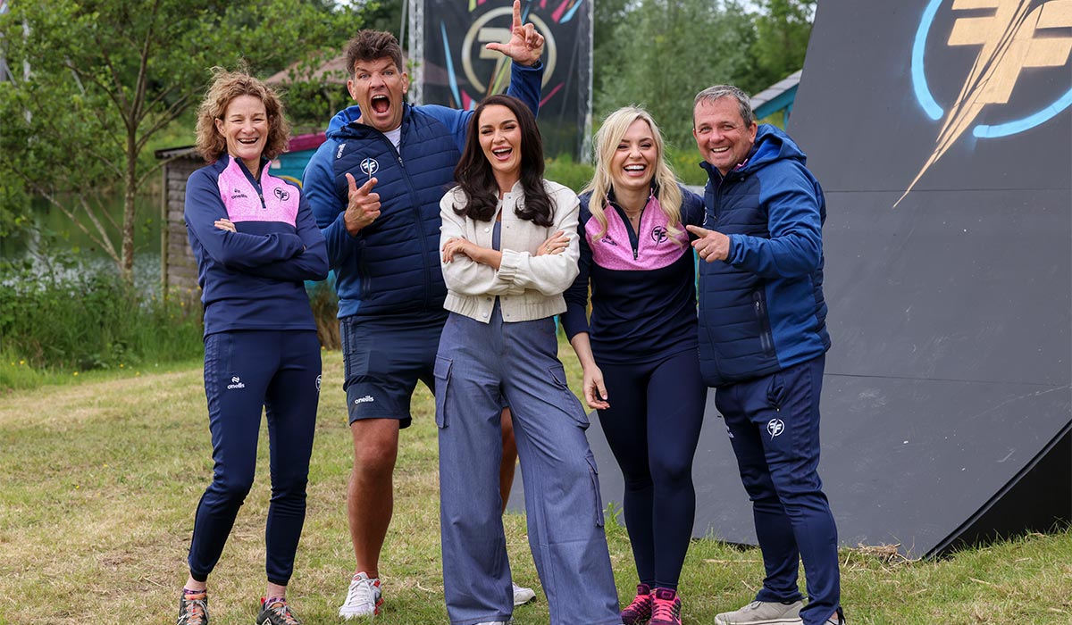 Ireland's Fittest Family, Sonia O'Sullivan, Donncha O'Callaghan, Laura Fox, Anna Geary and Davy Fitzgerald. Pic: RTÉ One