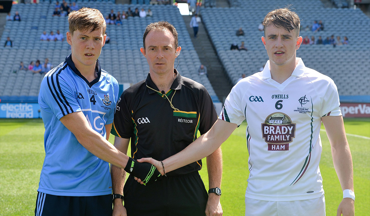 Dublin captain Con O'Callaghan shakes hands with Kildare captain Paul Mescal before the game, with referee John Hickey. Electric Ireland Leinster GAA Football Minor Championship Final, Kildare v Dublin, Croke Park, Dublin. Pic: Ray McManus / SPORTSFILE