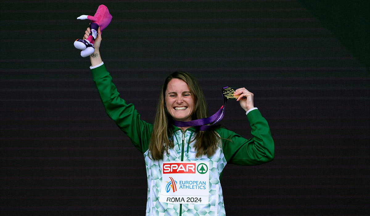 Ciara Mageean of Ireland celebrates during the medal ceremony of the 1500m women during the European Athletics Championships. Pic: Getty Images