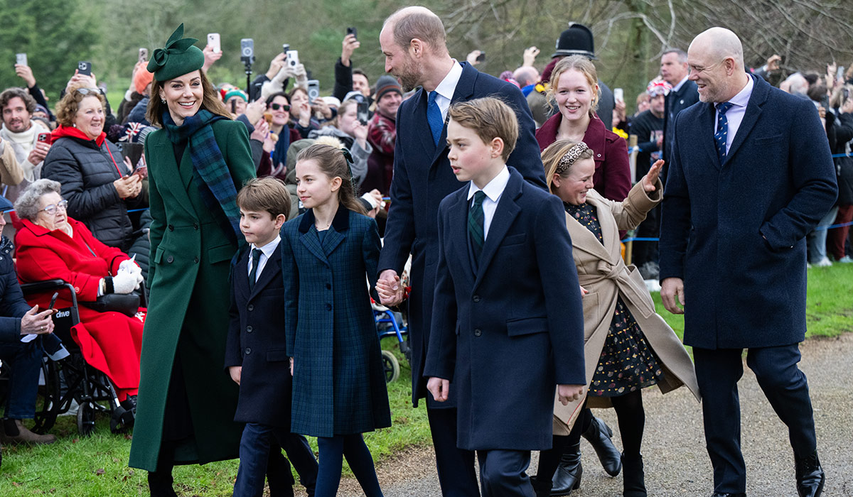 SANDRINGHAM, NORFOLK - DECEMBER 25: Catherine, Princess of Walesm Prince Louis of Wales, Princess Charlotte of Wales, Prince William, Prince of Wales Prince George of Wales, Mia Tindall and Mike Tindall attend the Christmas Morning Service at Sandringham Church on December 25, 2024 in Sandringham, Norfolk. (Photo by Samir Hussein/WireImage)