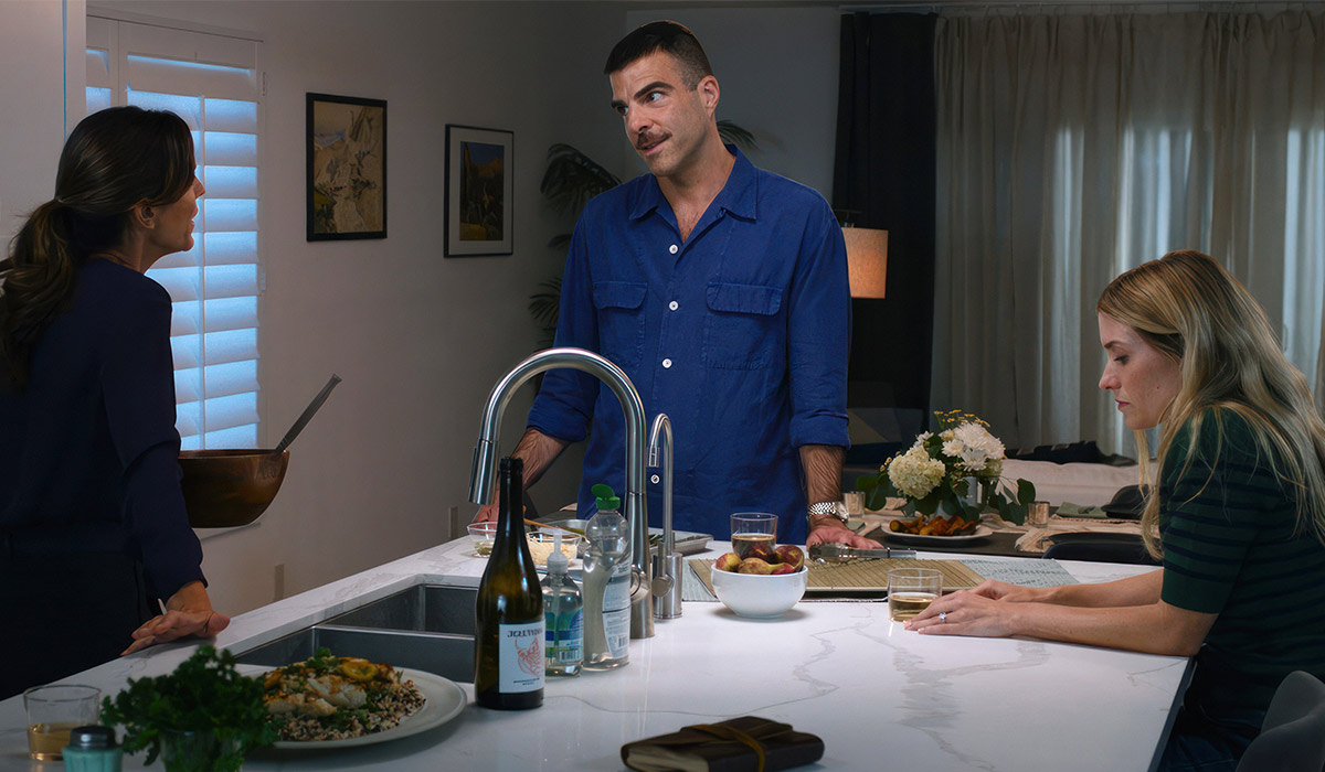 ADULT BEST FRIENDS, from left: Delaney Buffett, Zachary Quinto, Katie Corwin, 2024. Pic: REX