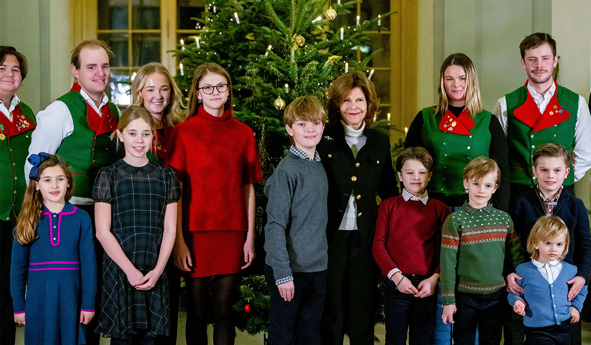 Queen Silvia, Princess Estelle, Prince Oscar, Prince Alexander, Prince Gabriel, Prince Julian, Princess Leonore, Prince Nicolas, Princess Adrienne, The traditional handover of the Christmas trees by students of the Forestry Academy (Skogshögskolan) at the Royal Palace in Stockholm, Sweden, 16 December 2024. Pic: REX