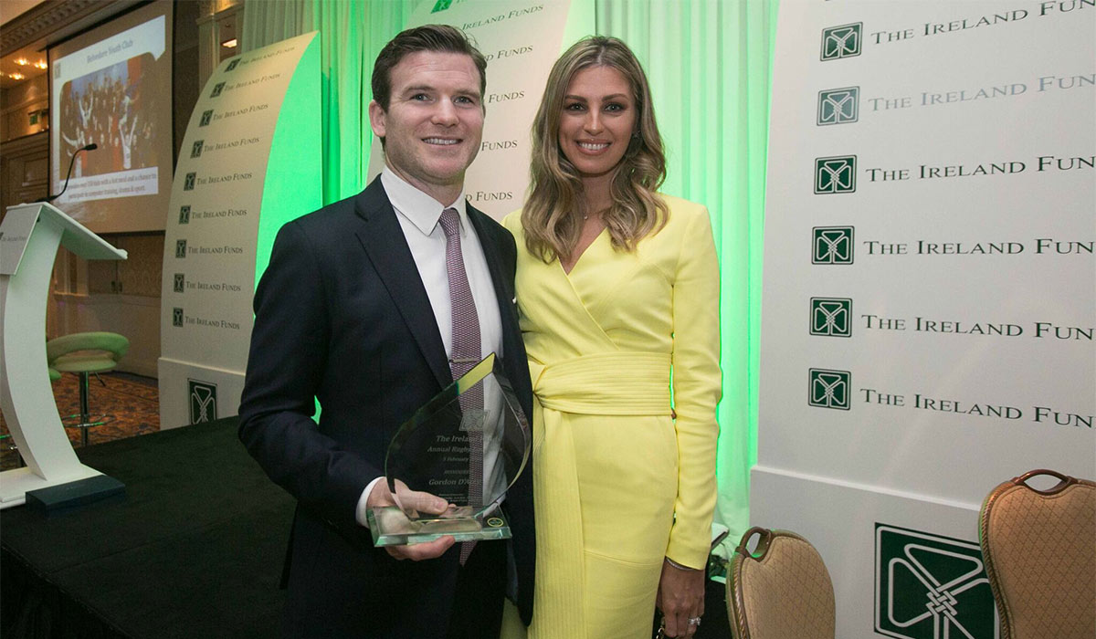 Gordon D'Arcy & Aoife Cogan during the Ireland Funds Annual Fundraiser where former Irish Rugby International was honoured at the Shelbourne Hotel, Dublin. Pic: Collins
