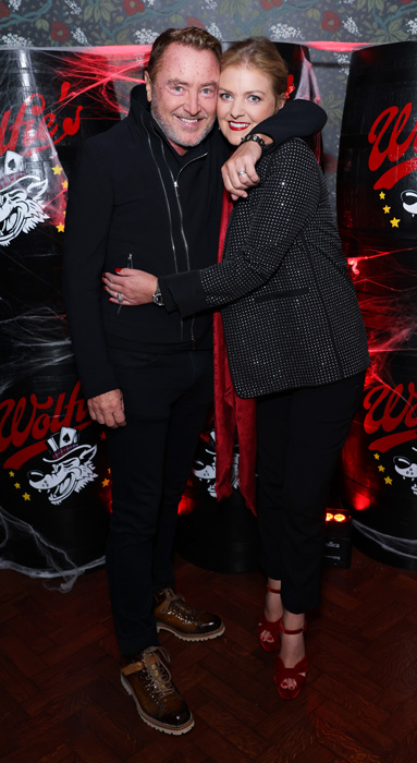 Michael Flatley (L) and Niamh O'Brien attend Sir Rod Stewart's and Penny Lancaster's Halloween Party over a drink of Wolfie's Whisky, which was launched earlier this year at The Ned. Pic: Getty Images