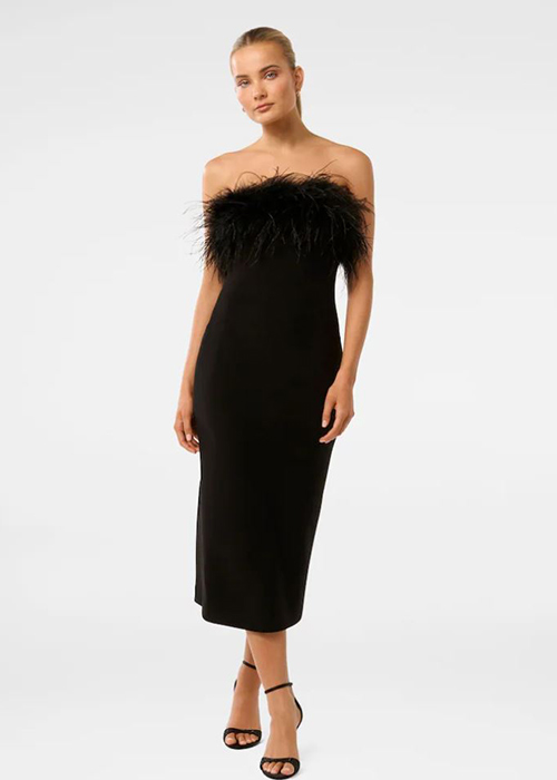 Forever New Black Vianna Feather Trim Strapless Midi Dress (€191). Pic: Next.ie