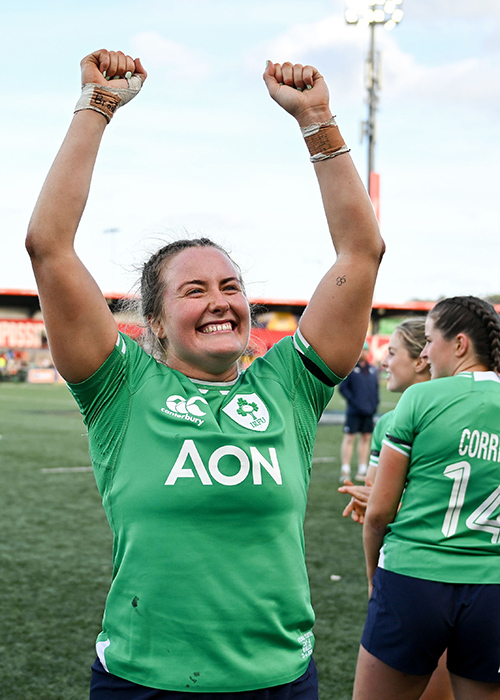 Fiona Tuite of Ireland celebrates after the Women's Six Nations Rugby Championship match between Ireland and Wales in Cork