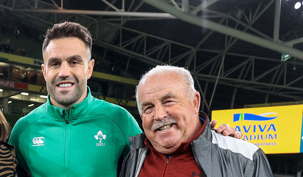 Ireland's Conor Murray celebrates with his parents Barbara and Gerry and partner Joanna after the game. Pic: INPHO/Dan Sheridan