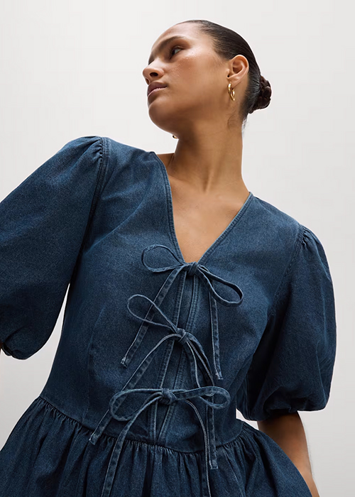 Denim V-Neck Tie Detail Midi Waisted Dress (€67). Pic: Marks and Spencer
