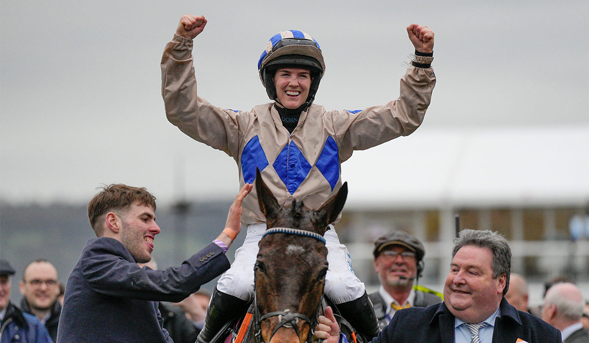 Rachael Blackmore Winning Jockey of the Queen Mother Champion Chase on Captain Guinness celebrates, The Cheltenham Festival 2024. Pic: REX