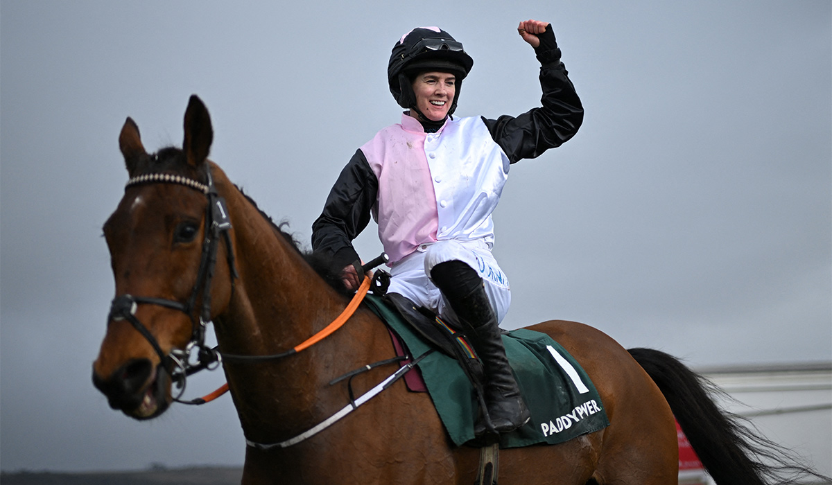 Jockey Rachael Blackmore celebrates after the victory of Bob Olinger in the Stayer's Hurdle on the third day of the Cheltenham Festival at Cheltenham Racecourse. Pic: Getty Images
