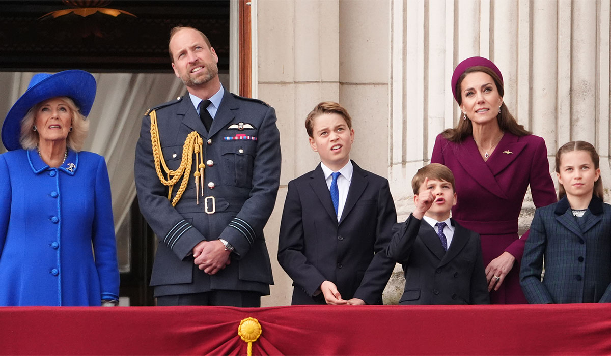 King Charles III, Queen Camilla, the Prince of Wales, Prince George, Prince Louis, the Princess of Wales and Princess Charlotte, on the balcony of Buckingham Palace, London. Pic: Jonathan Brady/PA Wire