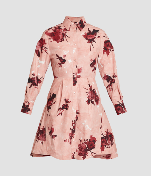 Heavy cotton poplin day dress abstract in rose slipper pink, €925. Pic: Erdem