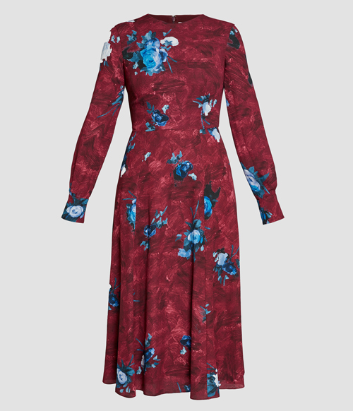 Viscose crepe day dress abstract rose Mulberry red, €1095. Pic: Erdem