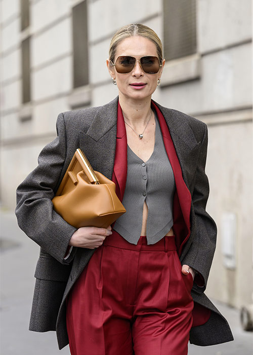 Iryna Thater wears a LaMiaMe Collection suit, Bottega Veneta jacket, Fendi bag and Chloe sunglasses outside the Miss Sohee show during The Haute Couture Spring-Summer 2025. Pic: Getty Images
