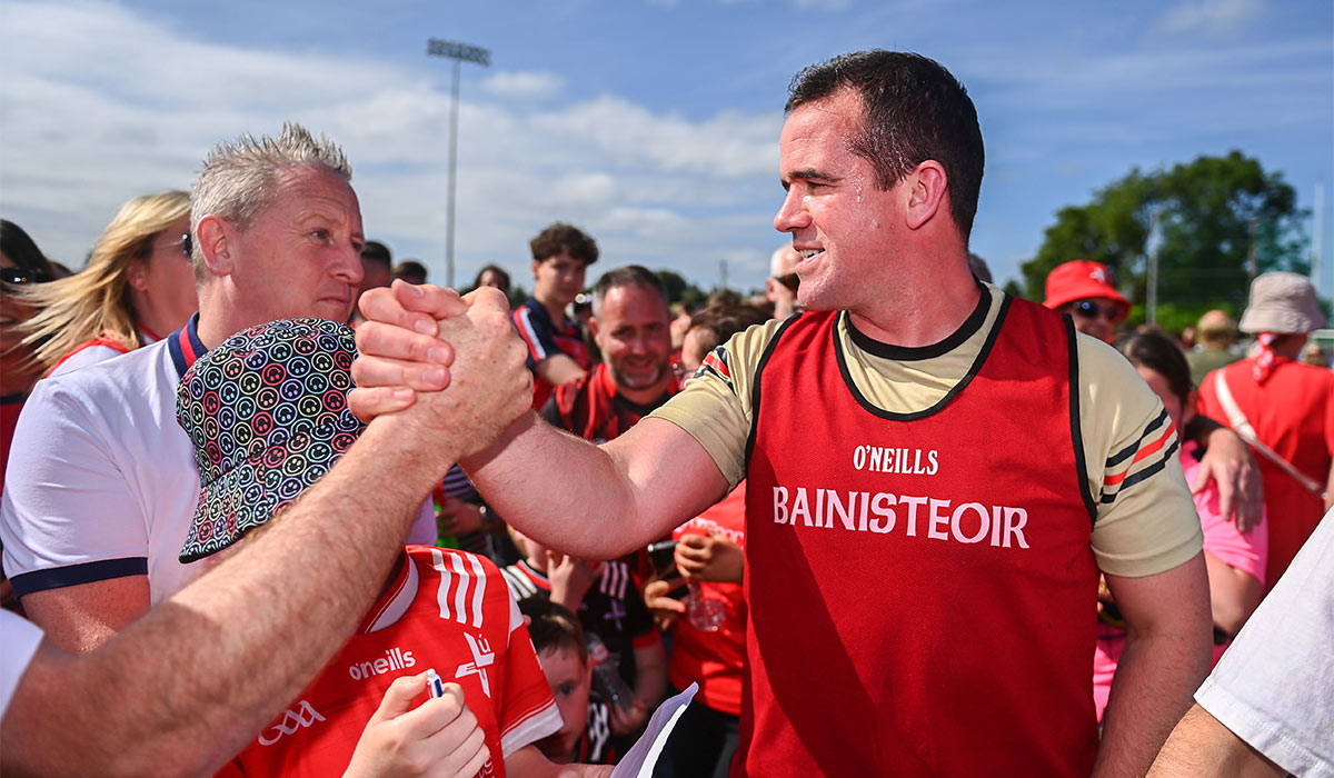 Louth manager Ger Brennan celebrates with supporters after the GAA Football All-Ireland Senior Championship preliminary quarter-final match between Louth and Cork at Grattan Park in Inniskeen, Monaghan. Pic: Ben McShane/Sportsfile