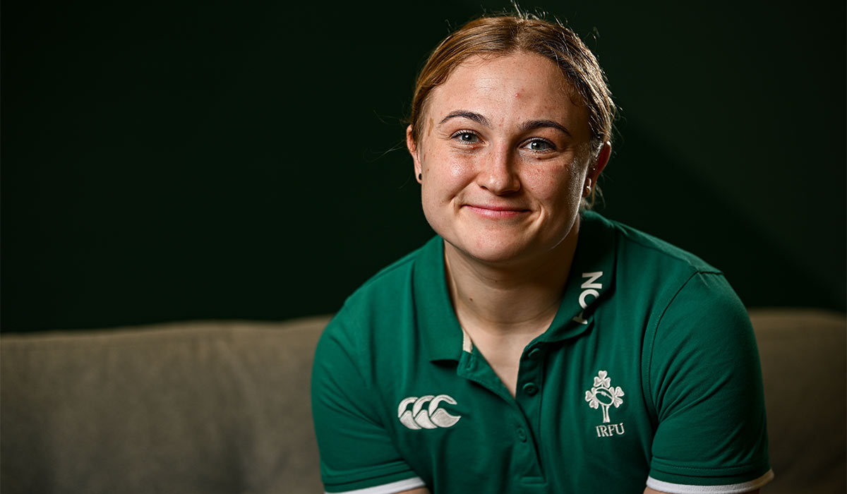 Neve Jones sits for a portrait during an Ireland Women's Rugby media conference at the IRFU High Performance Centre in Dublin. Pic: Seb Daly/Sportsfile
