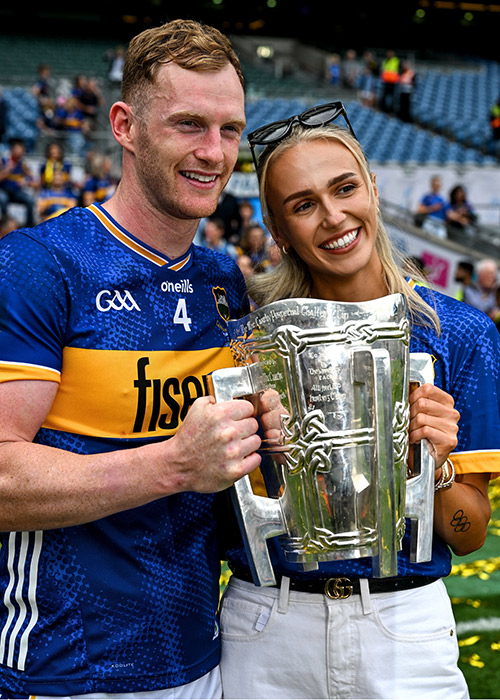 Michael Breen of Tipperary celebrates with his girlfriend, Irish Olympian, Sharlene Mawdsley and the Liam MacCarthy Cup after his side's victory in the GAA Hurling All-Ireland Senior Championship final match between Cork and Tipperary at Croke Park in Dublin Pic: Ray McManus/Sportsfile