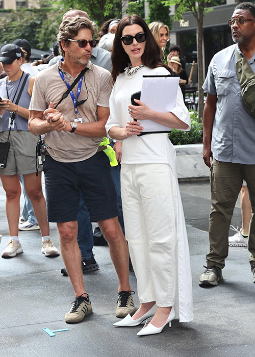 Anne Hathaway is seen on the set of "Devil Wears Prada 2" on July 25, 2025 in New York City. Pic: GC Images