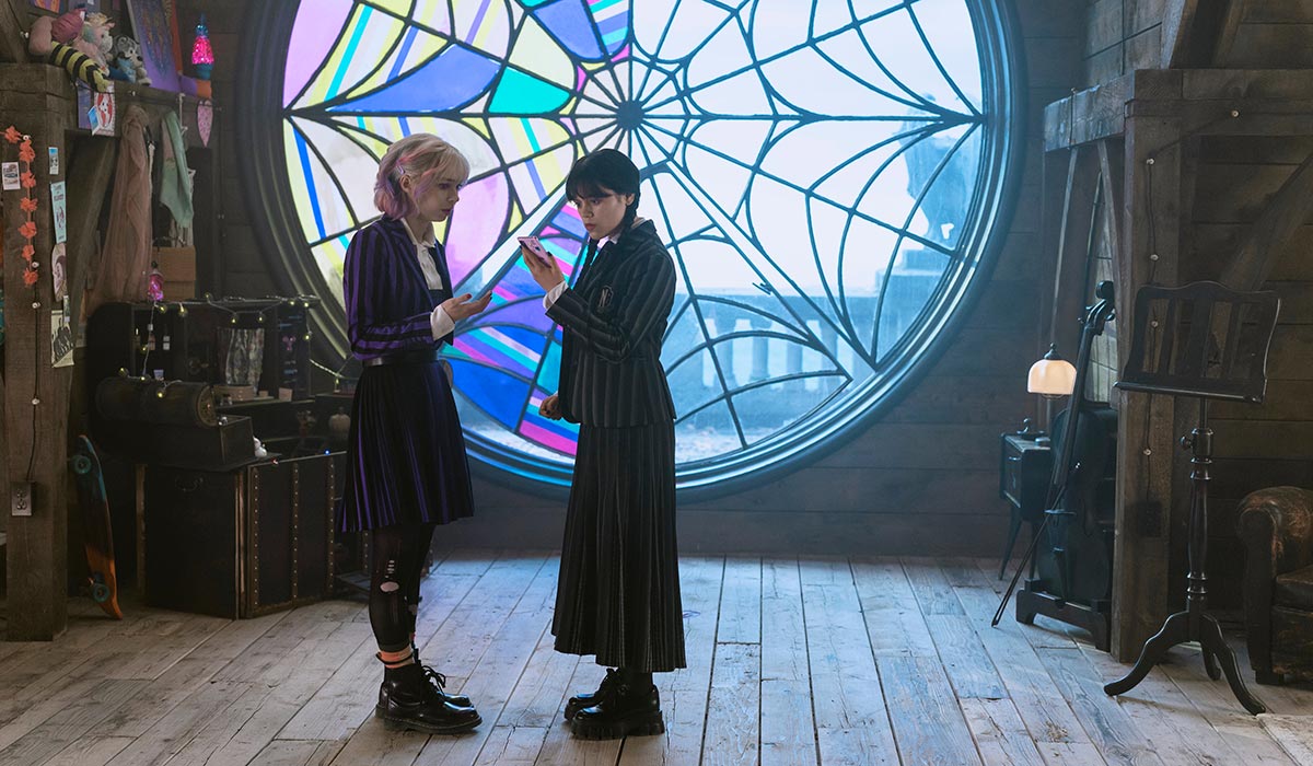 Wednesday. (L to R) Emma Myers as Enid Sinclair, Jenna Ortega as Wednesday Addams in episode 202 of Wednesday. Pic: Netflix