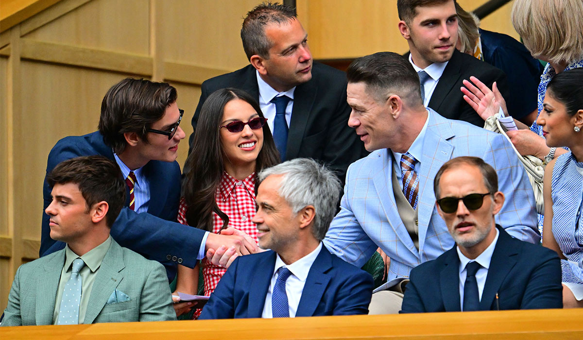 Olivia Rodrigo and Louis Partridge, John Cena and Shay Shariatzadeh in the Royal Box on Centre Court Wimbledon Tennis, Day 3. Pic: REX