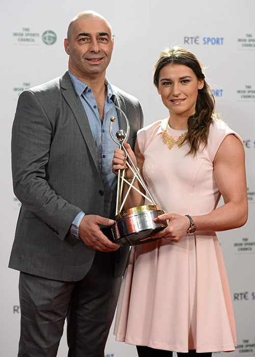 22 December 2012; Olympic gold medallist Katie Taylor who won the RTÉ Sports Person of the Year at the RTÉ Sports Awards 2012 with her father Pete. The RTÉ Sports Awards 2012, in association with The Irish Sports Council, RTÉ Television Studios, Donnybrook, Dublin. Photo by Sportsfile