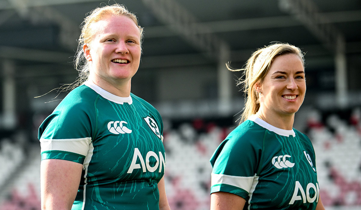 Aoife Wafer, left, and Edel McMahon during the Ireland rugby captain's run at Kingspan Stadium in Belfast. Pic: Sportsfile
