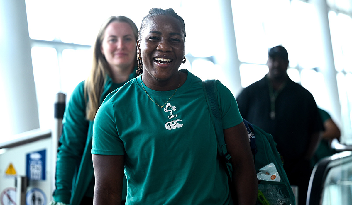 Linda Djougang at Dublin Airport ahead of the team's departure to the UK for the Women's Rugby World Cup. Pic: Sportsfile