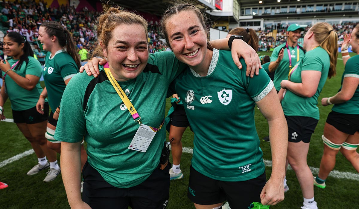 Ireland Sports Scientist Ruth Montgomery and Eve Higgins celebrate after the game. Pic: INPHO/Ben Brady