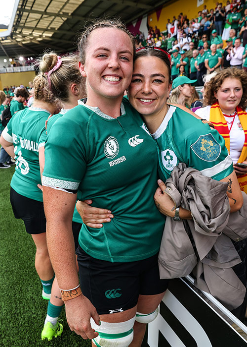Ireland's Brittany Hogan celebrates with her partner Natasja Behan after the game. Pic: INPHO/Ben Brady