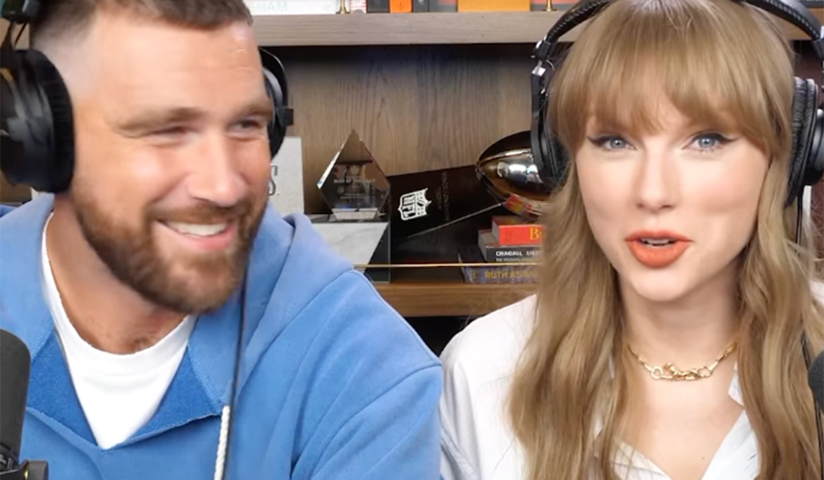 Taylor Swift and Travis Kelce on the New Heights podcast. Pic: New Heights / Instagram