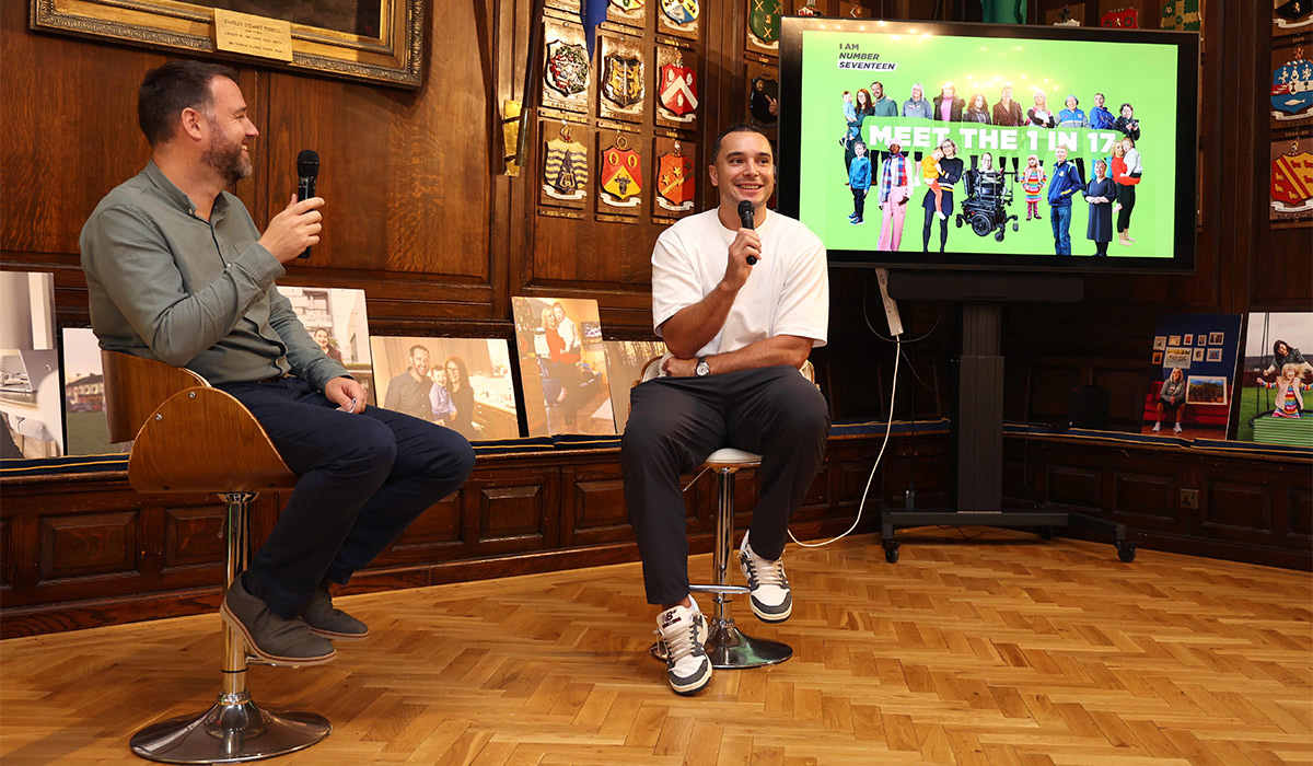 International, James Lowe, speaking to Ross McCarthy, from Naas, County Kildare whose son, Cian McCarthy featured in the 'I Am Number 17' book, which showcases the stories and portraits of 17 people living with a rare disease across Ireland. Pic: Damien Eagers/Julien Behal Photography